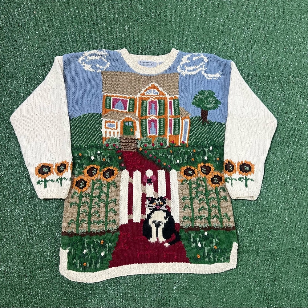 Northern Isles vintage hand knit cottagecore cat sunflower sweater